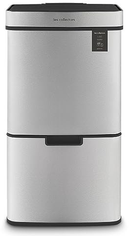 Les Collectors – Poubelle de Cuisine à capteur N°1012, Acier inoxydable, 3 compartiments (47L + 11L + 11L), Ouverture Supérieur Automatique, Tri sélectif et recyclage, Fermeture Silencieuse, Inox