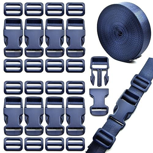 Eviznbou spännen spännband set 25 mm, 25 m svart nylonband med spännen 10 stycken snabbsepareringsspänne för ryggsäck bagageremmar gör-det-själv