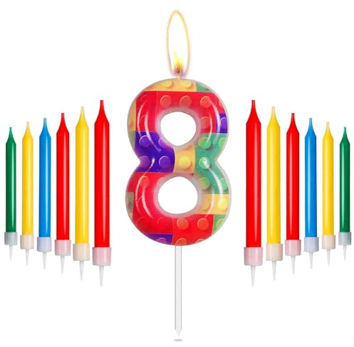 Mciskin bloques de construcción con velas rojas, amarillas, verdes y azules número 8 para pastel, velas de fiesta píxeles, temáticas