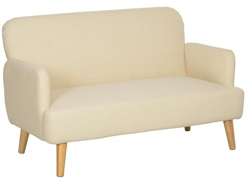 HOMCOM 2 Seater Sofa, Small Sofa with 21cm Thick Padding and Wood Legs, Modern Velvet Feel Fabric Loveseat for Living Room, Bedroom, Home Office, Cream White
