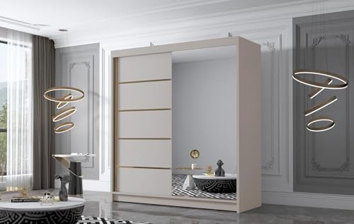 Gaba furniture Gold Series 180 cm Cashmere Sliding Door Wardrobe with Mirror Widths 100/120/150/180/200/250 cm Furniture for Bedroom Living Room Wardrobe with Hanging Rail White/Black/Cashmere