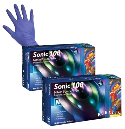 Aasram Aurelia Sonic 100 Nitrile Examination Gloves – Powder Free, Latex Free, Medium Size, Blue, Ambidextrous, Textured Fingertips – 2 x 100 Pack (200 Gloves Total)