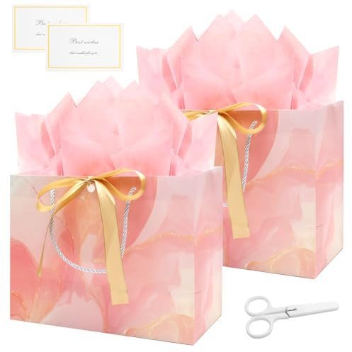 APOMOONS Mittel Geschenktüten Set, 2 Stück Geschenktüte Geburtstag mit Griffen und 4 Taschentuch, 2 Karten, Rosa Geschenkverpackung Geburtstag für Frauen, Mädchen, Hochzeit, Party