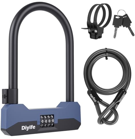 Diyife Bügelschloss Fahrrad 4-Stelliges Passwort, 18mm Schweres Massiv Stahl Fahrradschloss mit 1,5m Kabel & Halterung fürs Rennrad, Mountainbike, E-Bike, mit 2 Passwortrücksetzbar Schlüssel