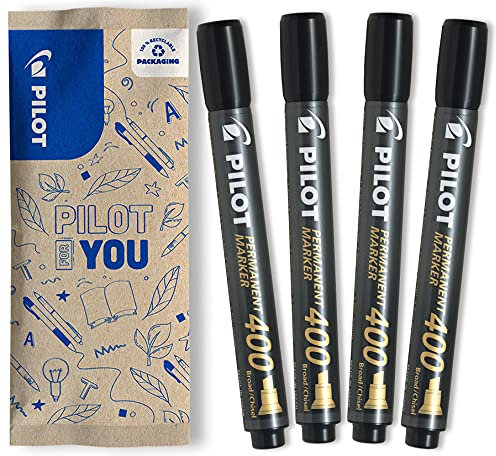 PILOT - Set Da 4 Pennarelli Indelebili SCA 400 - Pennarelli Waterproof per tutte le superfici - Alta copertura e durata - Nero - Punta a scalpello (4,5 mm) per linee sottili o più larghe