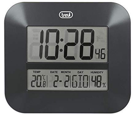 Trevi OM 3520 D Orologio Digitale con Ampio Display LCD, Termometro e Igrometro, Calendario Multilingue, Facile Installazione a Parete/Tavolo, Funzionamento a Batterie AA, Nero