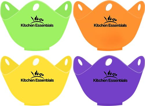 Kitchen Essentials Egg Poacher Cups (4 Pack) With Base Ring - Premium Food-Grade Silicone Egg Poachers - Easy Release Poach Pods, Dark-Colour Set