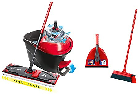 Vileda Ultramat Turbo XL Komplett Box Bodenwischer Set & DuActiva Besen, Eco-Pack, mit dreiteiligem Stiel und 2 in 1 Kehrset, Polyurethan, Polyäthylen rot schwarz mittel