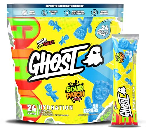 GHOST Hydration Packets, Sour Patch Kids Blue Raspberry, 24 Sticks, Electrolyte Powder - Drink Mix Supplement with Magnesium, Potassium, Calcium, Vitamin C - Vegan, Free of Soy, Sugar & Gluten