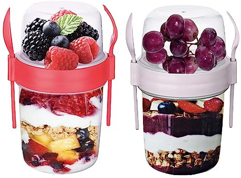VL 2PCs Yogurt Pots Reusable 650ml Yoghurt Container with Spoon & Fork BPA free Breakfast Pots to GO Muesli Cereal On the Go Dishwasher Safe Lunch Box Oatmeal Jars, Set of 2 (Red, Pink)