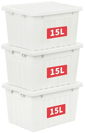 Cetomo 15L*3 Cajas de Almacenamiento con Tapas, Contenedores de Plástico con Broches de Enganche, Clip On, Apilables, Encajables, Organizador Rayado para Ropa Juguetes Armario, Blanco, 15L-3 Pack