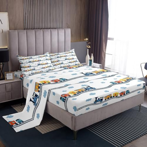 Erosebridal Cartoon Train Bedding Set Full for Boys Cute Truck Sheet & Pillowcase Sets Car Themed Bed Sheets Kawaii Steam Engine Sheet Set Blue Clouds Print Flat Sheet for Kids Bedroom