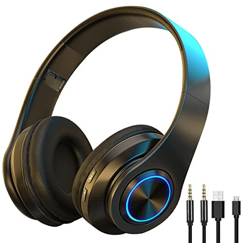 Bluetooth Headphones Over Ear Foldable Wireless Headset BT5.1 Colorful LED Lights Noise Cancelling Headphones Volume Control Wired and Wireless Modes Built in Mic for Cell Phones TV PC and Traveling