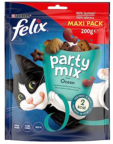 Purina Felix Party Mix Ocean, Snack-pris för katt med lax, karbon och öring, maxi-pack 5 påsar à 200 g