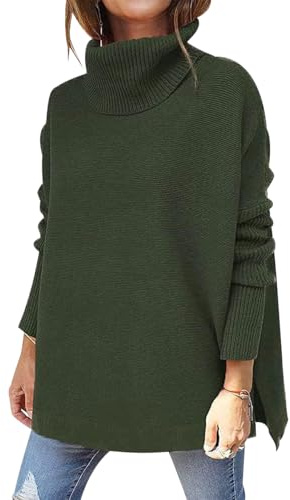 Jersey Punto Cuello Alto Mujer Pullover Señora Sueter Manga Larga Invierno Sweater Oversize Ancho Basico Tallas Grandes Suéteres Verde XL