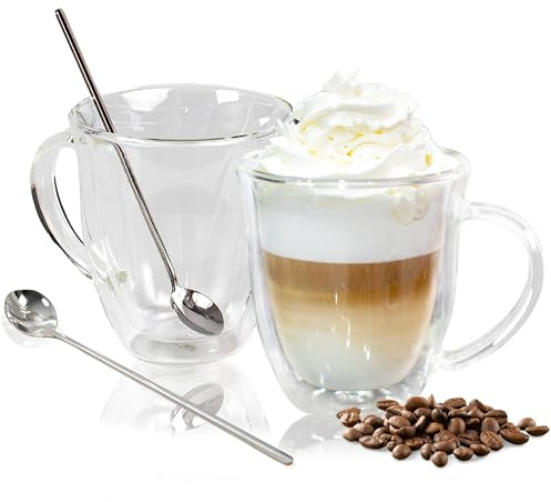 AYL Double Wall Clear Glass Coffee Mugs - 16 oz Insulated Clear Latte Mugs, Perfect for Espresso, Cappuccino, Latte, Tea - Elegant Glass Cups Set of 2