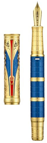 HONG DIAN D5 Qin Dynasty Füllfederhalter Blau Gold Feine Feder Kolbenfüllstift Retro Chinesische Totem Gravur Glattes Schreiben Füller mit Stiftebox Set