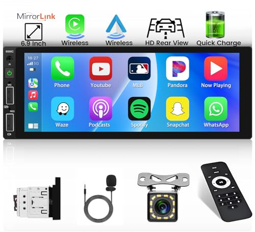 Inefala Autoradio 1 Din Bluetooth con Wireless CarPlay e Android Auto & Assistente Vocale, 6,9 Pollici HD Touchscreen Stereo Auto Bluetooth con Radio FM USB AUX EQ Telecamera Posteriore e Microfono