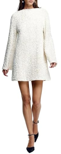 FeMereina Women's Sparkly Sequin Backless Bow Tie Mini Dress Crewneck Long Sleeve Glitter Loose Fit Tunic Party Club Dresses (White, M)