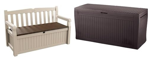 Keter Eden - Banco arcón Exterior, Baúl almacenaje, Capacidad 265L, Resina, Color Beige, 140 x 60 x 84 cm & Comfy - Arcón Exterior, Baúl almacenaje, Capacidad 270L, Resina, Color marrón, Ordenación