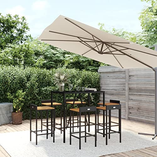 WEMYUFURN 7-TLG. Gartenbar-Set Schwarz Poly Rattan & Massivholz Akazie, Outdoor-Sitzgruppe, Terrassen-Lounge-Set, Garten-Couchgarnitur - Wetterbeständig, Komfortabel - für Terrasse, Garten und Balkon
