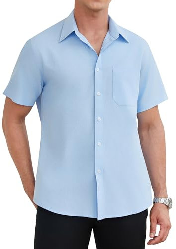 HISDERN Men's Shirt Short Sleeve Oxford Light Blue Formal Shirt for Men Summer Solid Regular Fit Button Down with Pocket, L