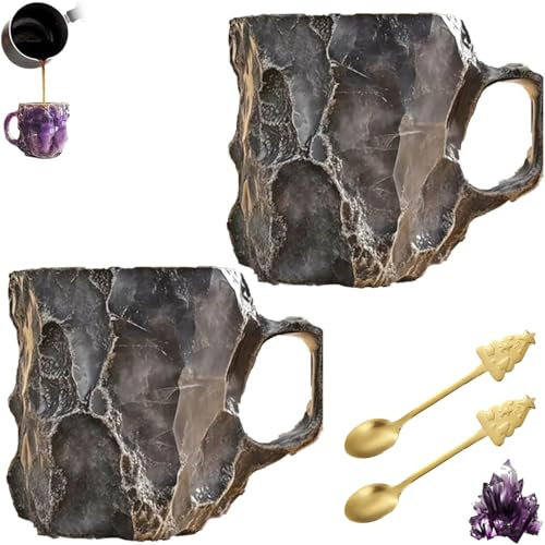 Crystal Coffee Mug Set of 2 Onyx Mineral Novelty Mugs with Spoon and Handle for Coffee, Tea, Milk - Unique Gift Idea