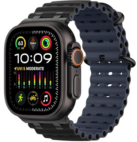 MMoKo Ocean Band Compatible with Apple Watch Ultra 3/2/1 49mm,Upgraded Silicone Sports Bands 46mm 45mm 44mm for Men Women,Series 11/10/9/8/7/6/5 SE3/2/1 Breathable Strap with Metal Connector,Bk/Bk&NBu