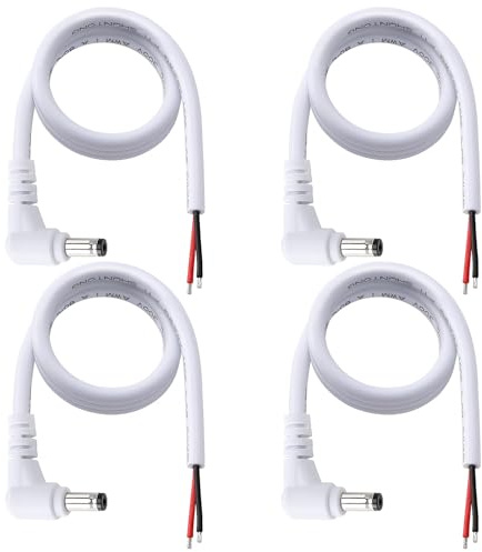 KUOQIY 4 PCS 50cm 18 AWG 5.5mm x 2.1mm DC Power Pigtails Cable, DC Right Angle Male Plug to Bare Wire Open End Power Supply Replacement Repair Cord, for CCTV Security Camera, LED Strip Light, White