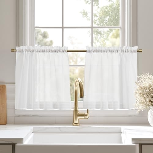 KGORGE Scheibengardinen Modern Kurz 50 cm Hoch 2er Set Küche Fenster Gardinen Weiss Transparent Vorhänge Bistro B 60 x H 50 cm Kurzgardinen mit Stangedurchzug für Küchenfenster/Schrank/Wohnwagen