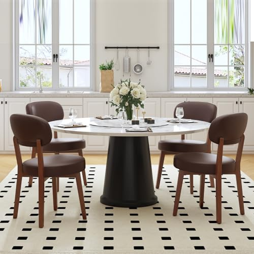Ckaff Esszimmerstühle 4er Set, Küchenstuhl Polsterstuhl Wohnzimmerstuhl mit Rückenlehne und Beine aus Massivholz, Stuhl Esszimmer aus PU Leder für Esszimmer Wohnzimmer Schlafzimmer, Braun