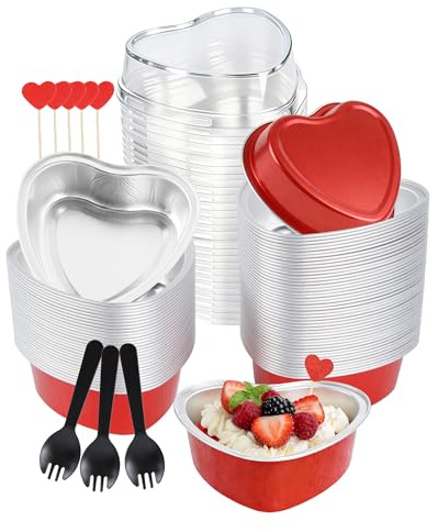 NPLUX 3.5 oz Valentines Gifts Heart Shaped Cake Pans with Lids, Disposable Aluminum Mini Cake Pans for Baking and Takeout, Oven Safe 425°F, Perfect for Valentine's,Party,Wedding Dessert（50 Pack）