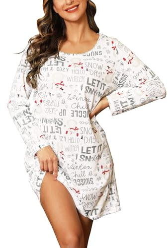 ENJOYNIGHT Camisón de mujer de manga larga, algodón, con estampado, camiseta para dormir, ropa de noche, vestido de noche, M