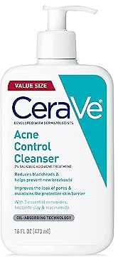 CeraVe Acne Control Cleanser, 2% Salicylic Acid Treatment Formulated With Niacinamide + Ceramides + Oil Absorbing Clay, Gentle Face Wash Helps Clear & Prevent Acne, Fragrance Free, 16 Ounce