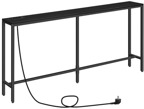 MAHANCRIS Mesa Consola con Tomas de Corriente, Aparador Estrecho de, Mesa de Entrada Estilo Industrial con Puerto USB, Mesa Auxiliar de Sofá para Entrada, Pasillo,Salón, Negro ACTHB16UE01