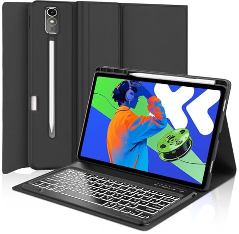 Hülle mit Tastatur für Lenovo idea Tab Pro 12.7 2025, Bluetooth Abnehmbare Magnetisch 7 Farbige Beleuchtung QWERTZ Tastatur für Lenovo Idea Tab Pro 12.7 Zoll 2025 (TB-373FU/TB-375FC), Schwarz