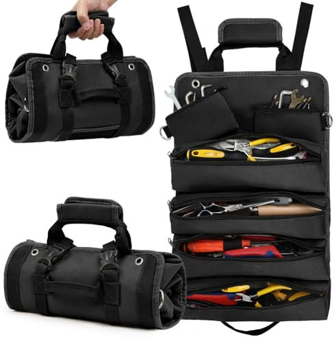 Adiwo Bolsa herramientas, Bolsa Multiusos Enrollable, Organizador de Rollos de Herramientas con 6 bolsillos con cremallera, Tejido Oxford 600D, Para Carpinteros Electricistas Electricistas (Negro)
