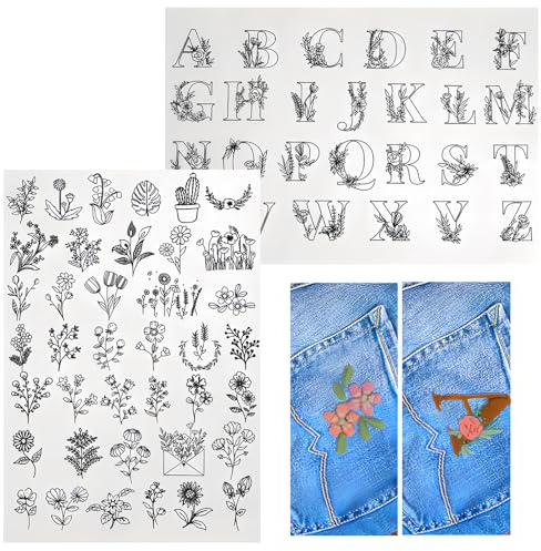 MYLERCT 2 Stück Stickvorlagen Wasserlöslich mit Blumen & Buchstaben | Sticken Vorlagen, Wasserlösliche Handnähstabilisatoren, Weiche Haptik, Leicht Wasserlöslich, für Jacken, T-Shirts & Taschen