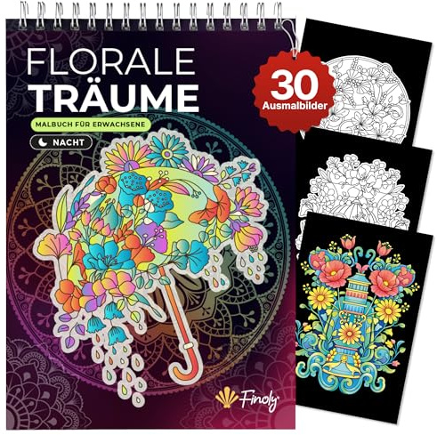 Finoly Vuxenmålarböcker Blommor A4 Stresslindring | Målarböcker för vuxna kvinnor & män | Målarbok för vuxna enkla nybörjare & avancerade Mindfulness Anti-stress Bläcket blöder inte igenom (Natt)