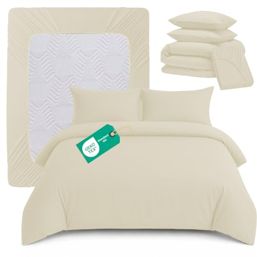 Linens World Super King Size Duvet Cover Set 4 Piece – OEKO-TEX Certified Ultra Soft Brushed Microfiber Bedding Set with 26cm Deep Fitted Sheet & 2 Pillowcases, Button Closure (Cream, 260 × 220 cm)