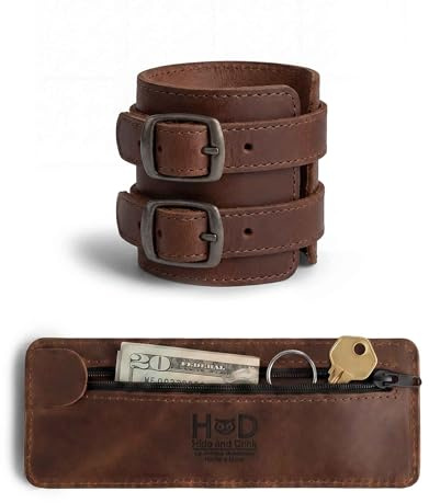 Hide & Drink, Elegante Brazalete Tipo Cartera de muñeca, Pulsera con Bolsa Secreta, Soporte para Efectivo, Organizador de Dinero, Cuero de Grano Completo, Hecho a Mano, marrón Bourbon, Regular,