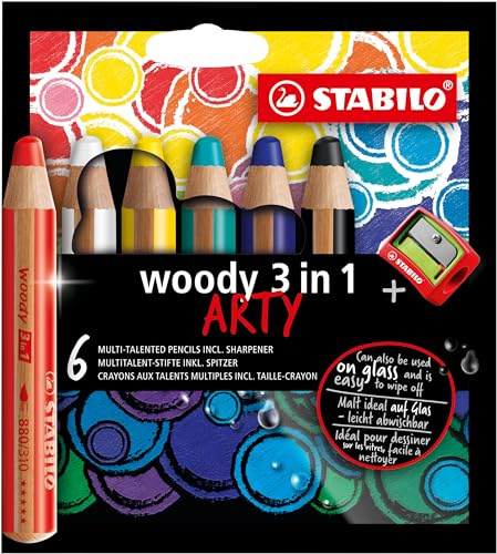Multipenna - STABILO woody 3-i-1 ARTY Förpackning med 6 blandade färger + Pennvässare