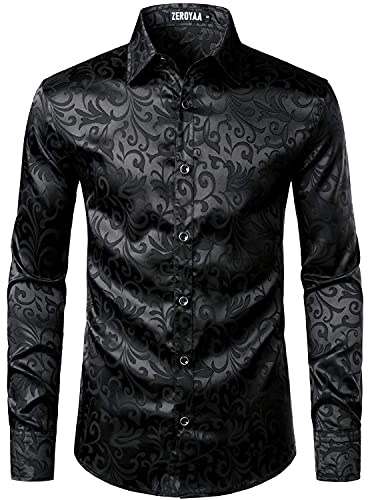 PARKLEES Camisa de vestir de manga larga con ajuste delgado para hombre, con lujoso estampado floral, tela tipo seda satinada, versátil para ocasiones como bodas, fiestas, bailes, negocios, uso casual