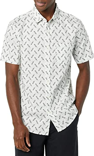 Amazon Essentials Chemise en Popeline Extensible à Manches Courtes (Grandes Tailles Disponibles) Homme, Bleu Clair Imprimé Oiseau, XL