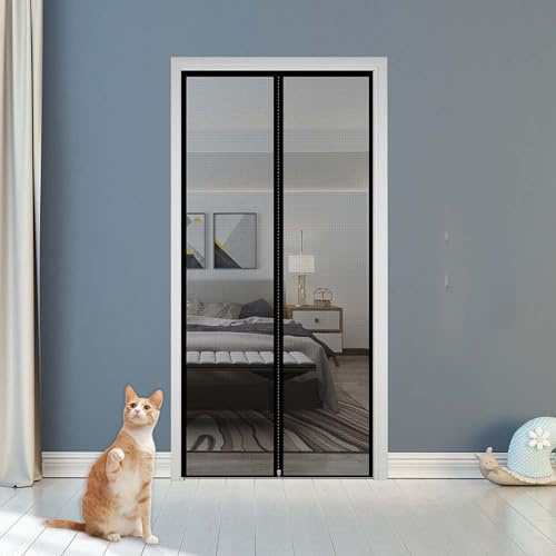 Custom Size Cat Screen Door Anti Fly Mesh Door Curtains with Zip for Bedroom, Piano Room, Balcony, Greenhouse, Prevent Dogs Cats Running Out from Home (I-Zipper Opening,Black)