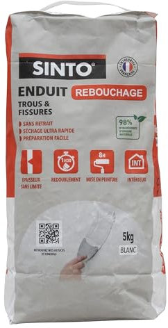SINTO - Enduit de Rebouchage Poudre- 5kg - Sachet Doypack - Bois, Plâtre, Ciment, Brique - Sans Odeur - Séchage Rapide - Excellente Adhérence - Intérieur Extérieur - Technique Professionnelle