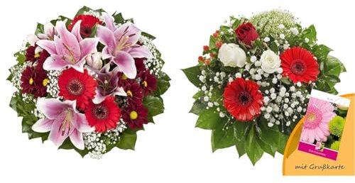 Dominik Blumen und Pflanzen, Blumenstrauß Charlotte mit rosa Lilien & Dominik Blumen und Pflanzen, Blumenstrauß Gruß von Herzen mit Rosen, Gerbera und Johanniskraut und Grußkarte Geburtstag