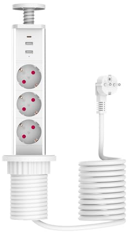 LEUTED 3 prese a scomparsa con USB C PD 20 W e 2 USB A, presa da tavolo a scomparsa con cavo da 1,8 m, ciabatta da incasso per cucina, ufficio, diametro 60 mm, bianco