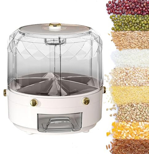 Vuggdt Rice Storage Container | Large Capacity Round Cereal Dispenser,6 Grids Round Rice Bucket, Rotating Dry Food Dispenser for Home Restaurant