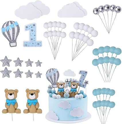 CXKPVFN 49Pcs Teddy Bear Cake Toppers, Baby Shower & Birthday Party Decorations, Blue & White Plastic, 150g